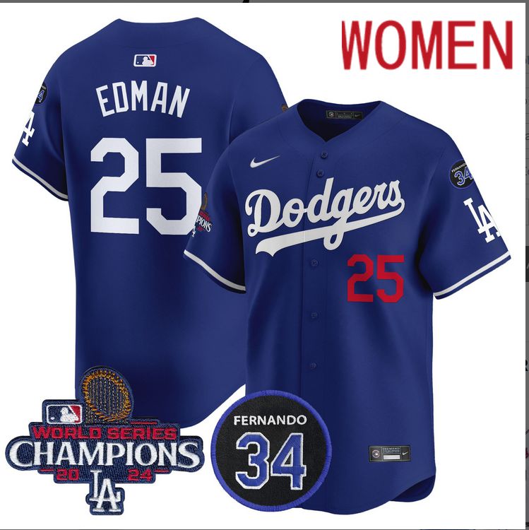 Women MLB Los Angeles Dodgers #25 Edman blue 2024 World Series Champions Patch Limited Jersey styel 3